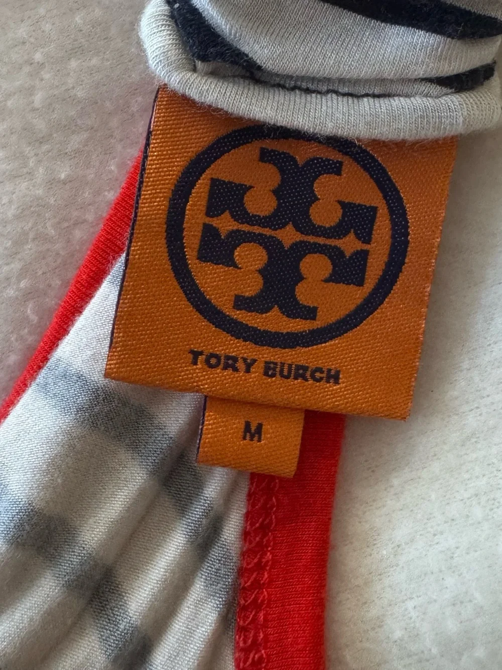 Tory Burch White and Navy Striped Midi Dress with Red Trim